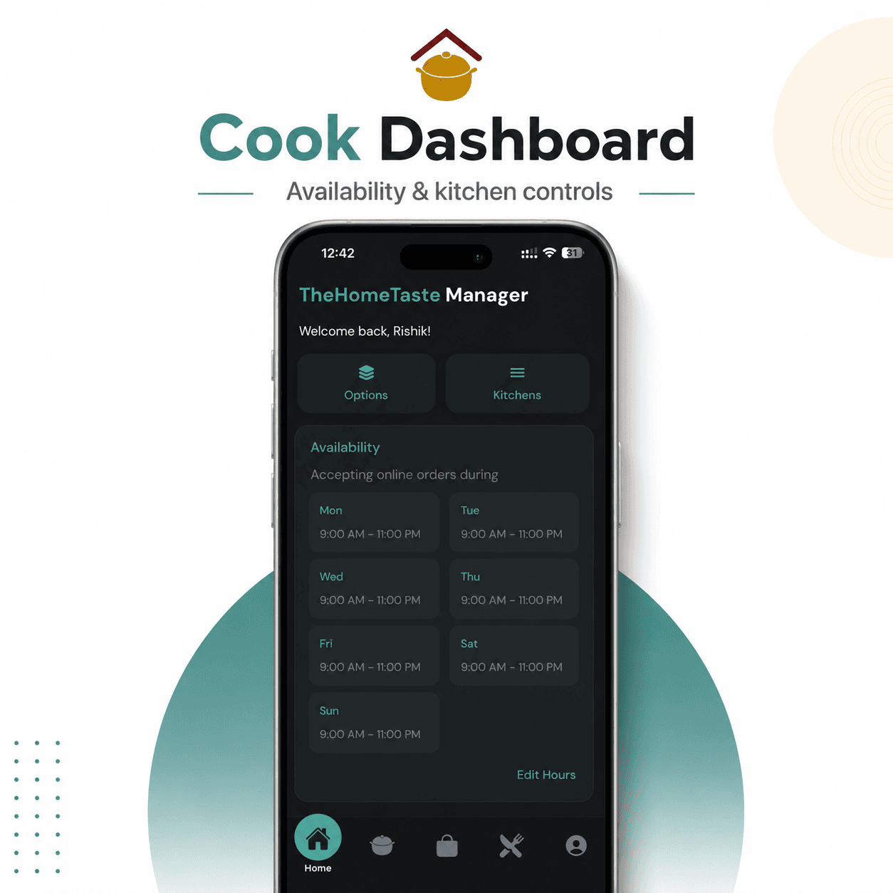 The cook app's dashboard, where a cook works through the orders assigned to them.