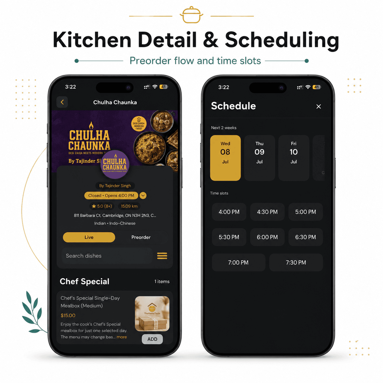 A kitchen's detail screen in the customer app, used to schedule an order ahead of time.