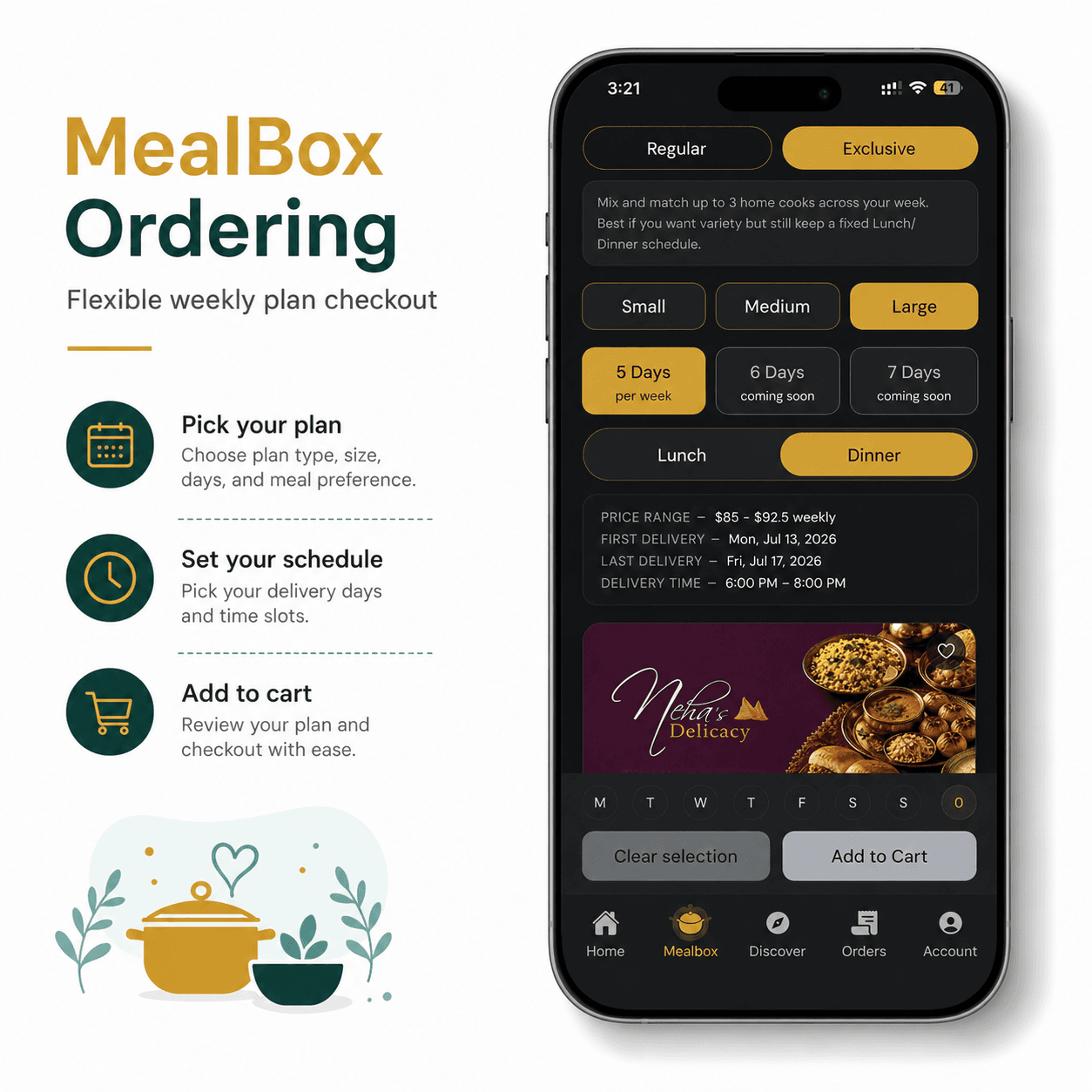 The meal-box checkout step in the customer app, where an order is confirmed.